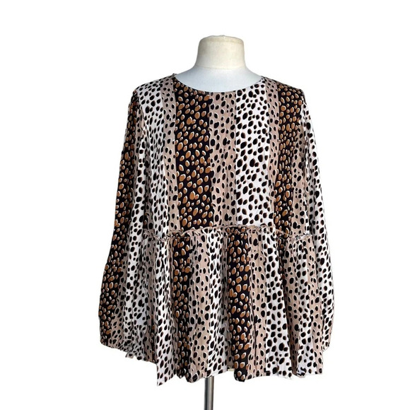 ANDREE BY UNIT Women’s Plus 1X Brown Leopard Colorblock Rayan Long Sleeve Blouse - Picture 1 of 2